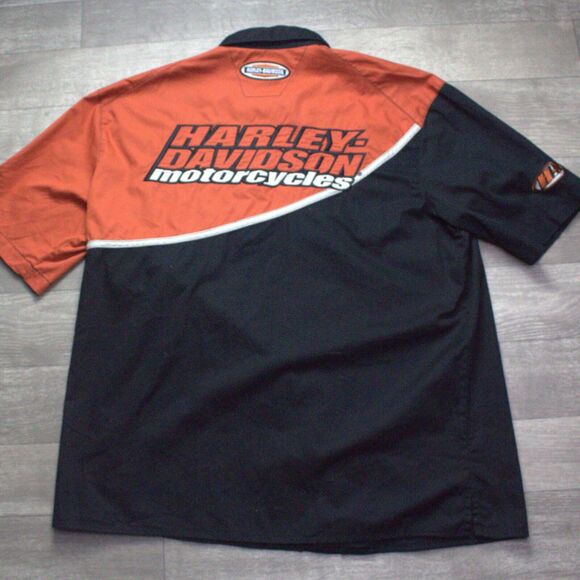 Vtg Harley Davidson Embroidered Racing Patches Shop Garage Shirt XL - Picture 1 of 7
